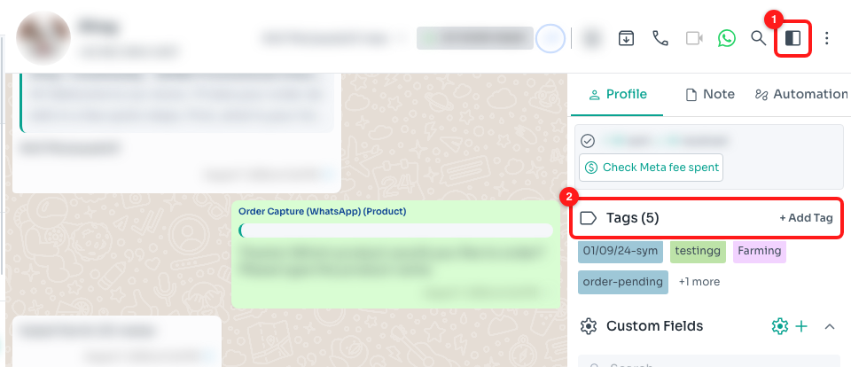 Step 1 — the panel icon in the chat header (1) opens the Profile panel, where the Tags section lives (2). Customer details are blurred here for privacy.