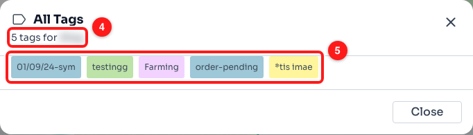 Step 3 — the count and contact name under the title (4), and the full list of tags (5). The contact’s name is blurred here for privacy.