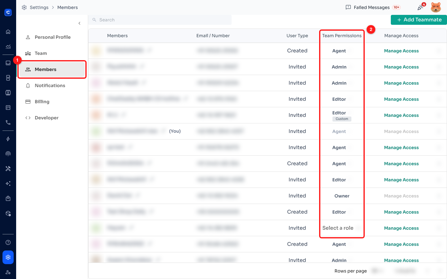 Step 1 — the Members tab in Settings (1) and the Team Permissions column, which shows every teammate's current role (2).
