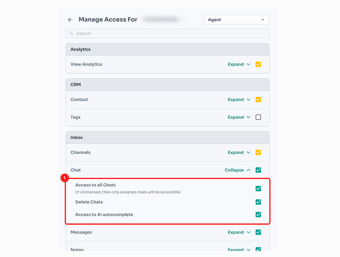 Step 4 — the Inbox → Chat group expanded, showing its three individual permissions (1).