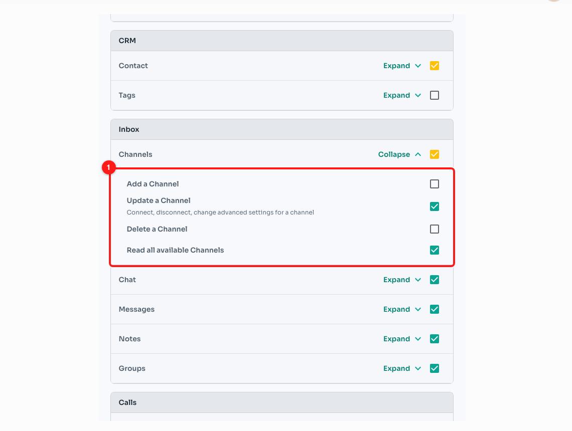 Step 5 — the Channels group expanded (1). “Read all available Channels” is on here, so this teammate can see every channel on the team.