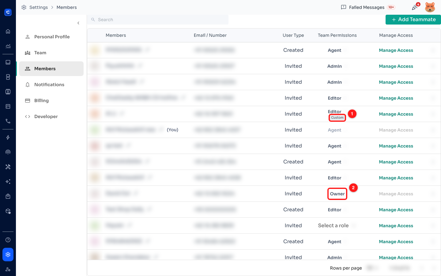 Step 6 — the Custom label marks fine-tuned permissions (1); the team Owner has no role dropdown and no Manage Access link (2).