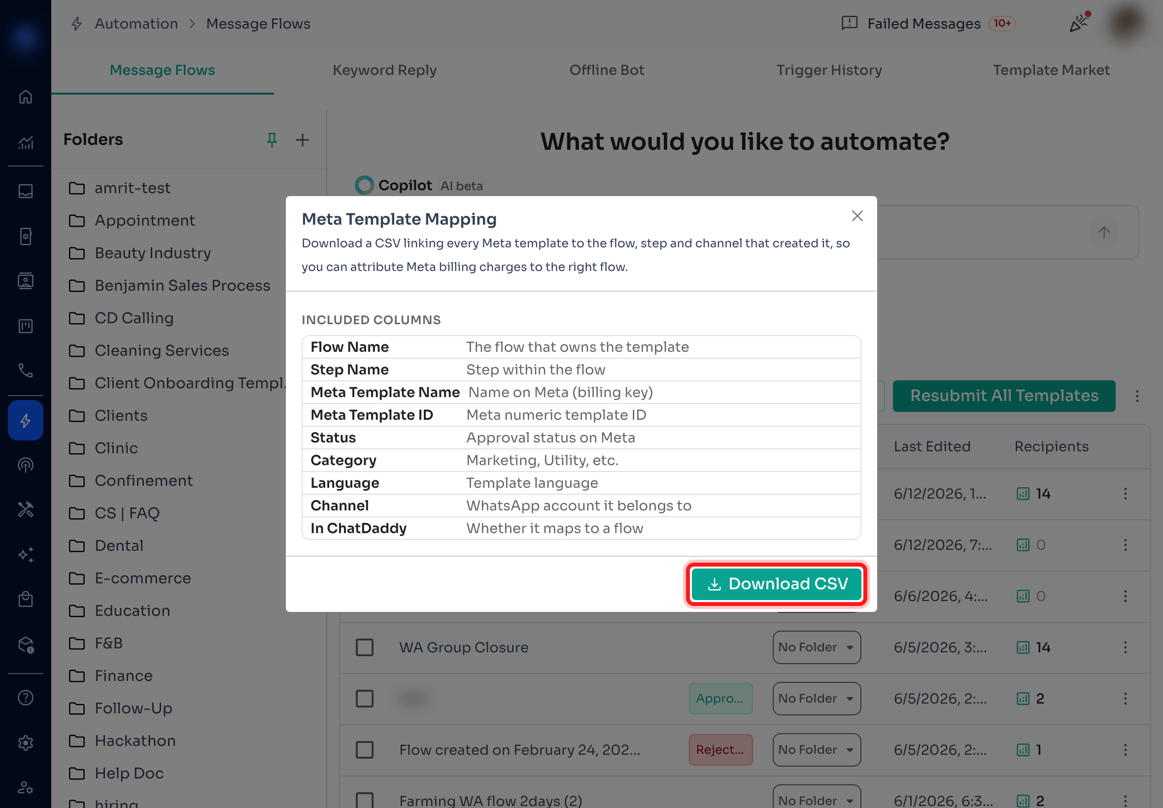 Step 4 — Review the included columns, then click Download CSV.