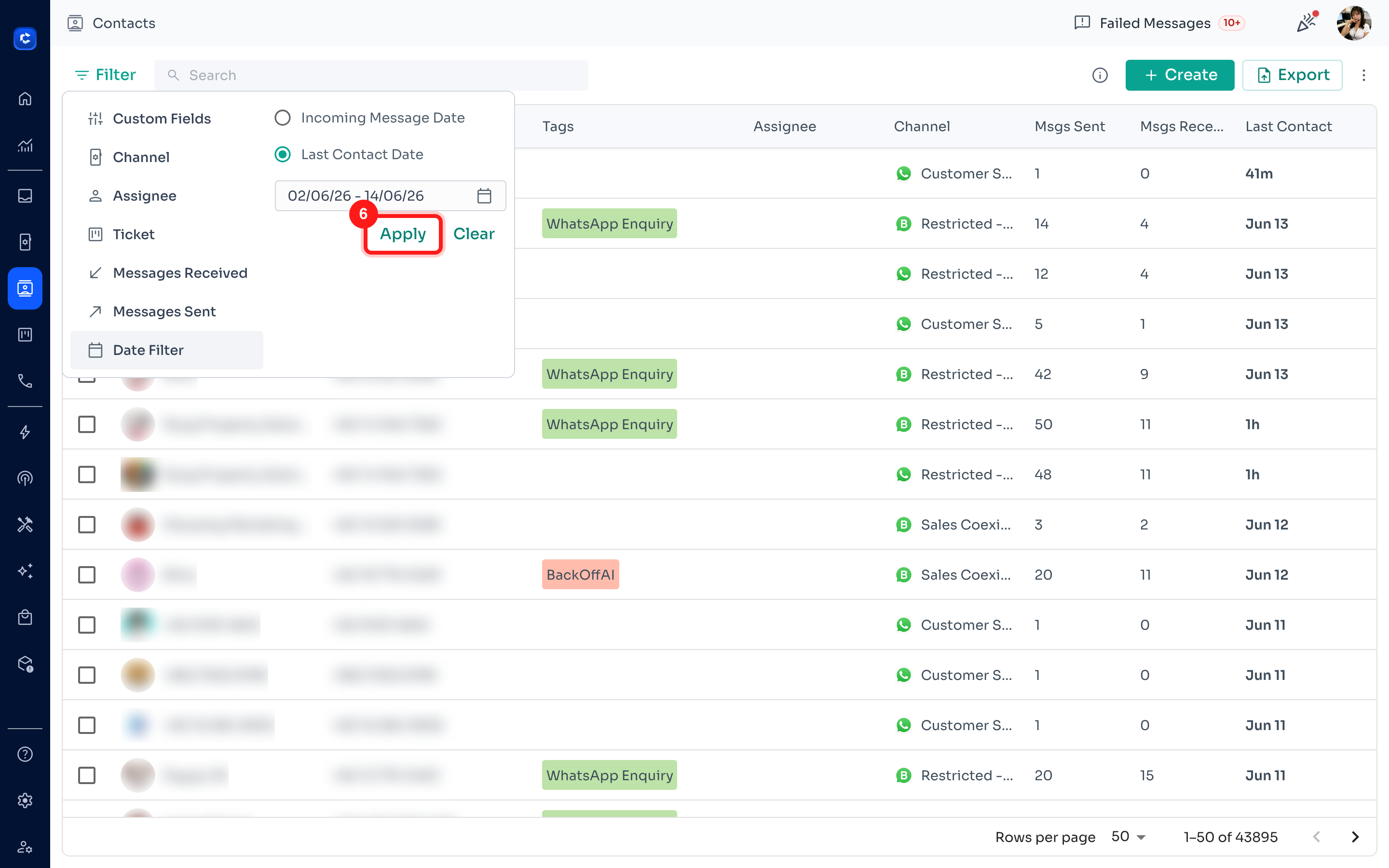 Click 'Apply' to filter your contacts by the chosen date range.