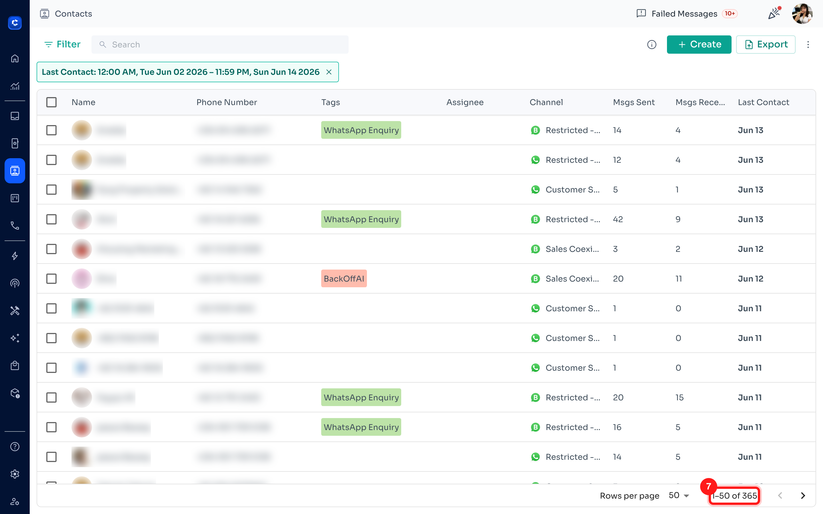The contact list and total count now reflect the selected date range.