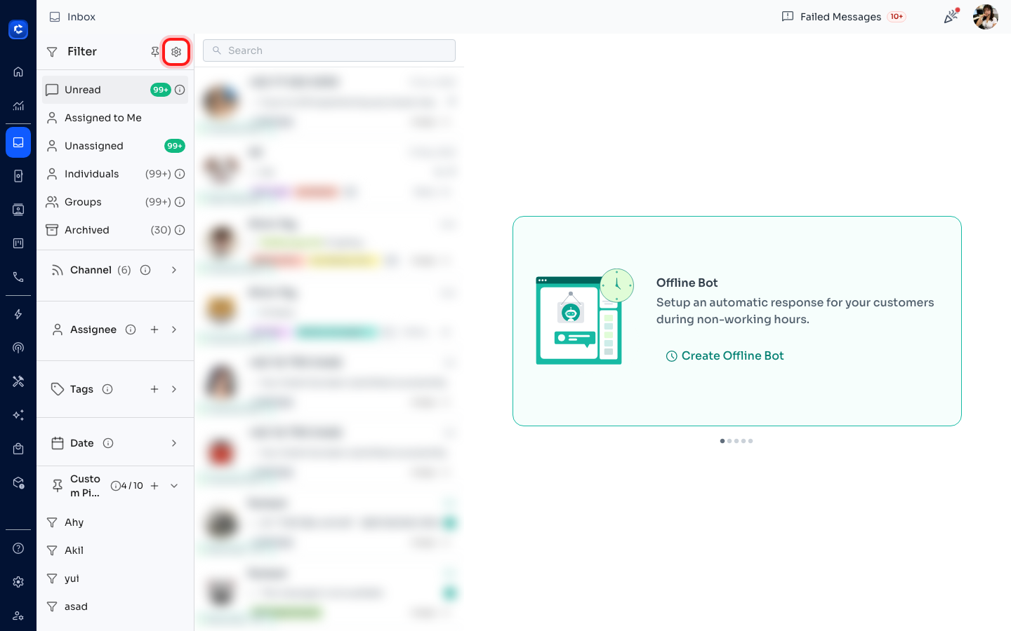 Inbox → expand the filter sidebar → click the Settings (gear) icon.
