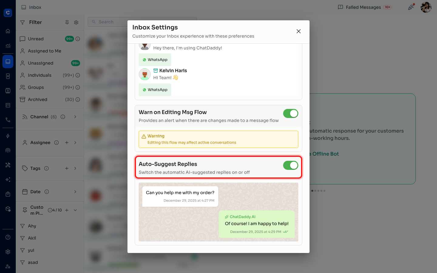 Inbox Settings → toggle “Auto-Suggest Replies” on.
