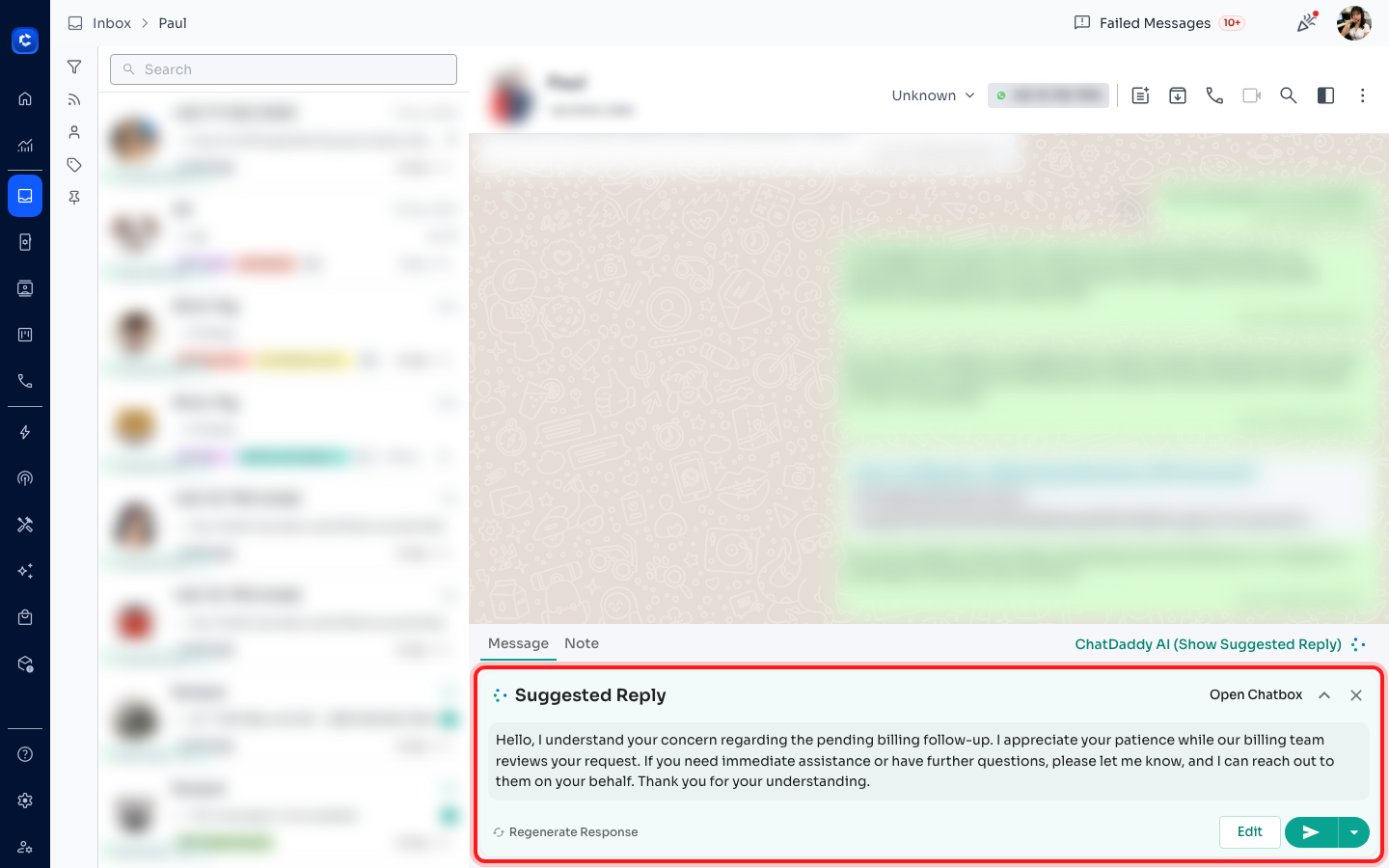 The “Suggested Reply” card with an AI-generated draft, shown above the chat box.