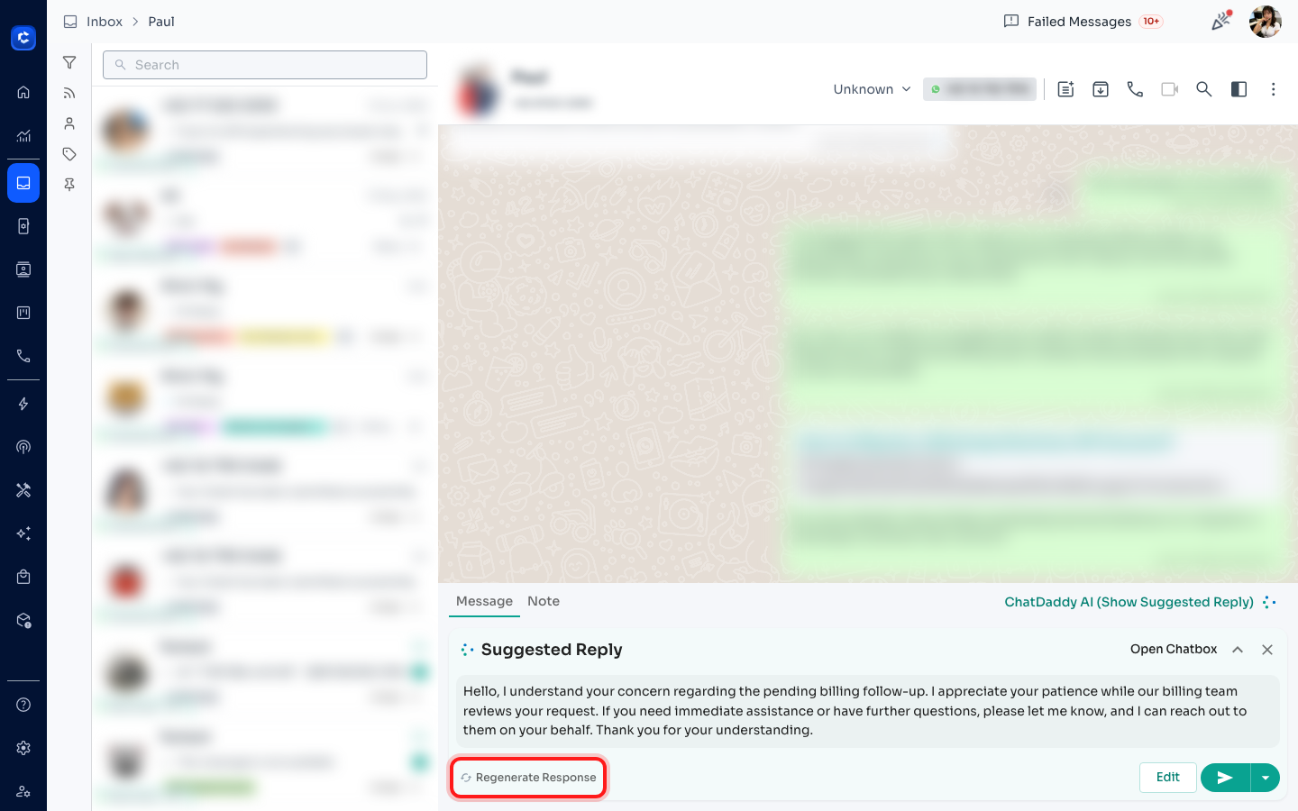 “Regenerate Response” creates a new AI suggestion.