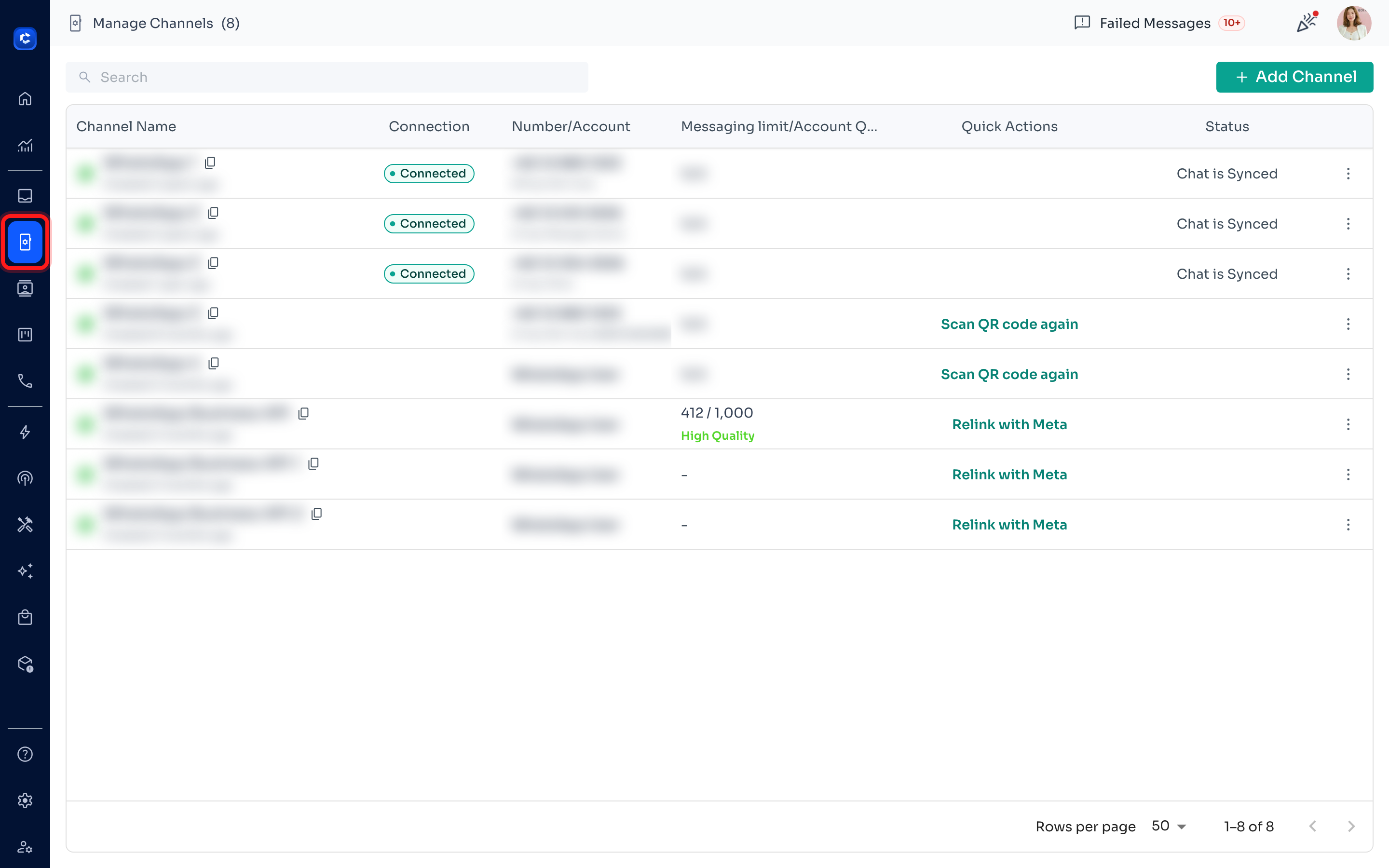 Click the Channels icon in the left sidebar to open Manage Channels.