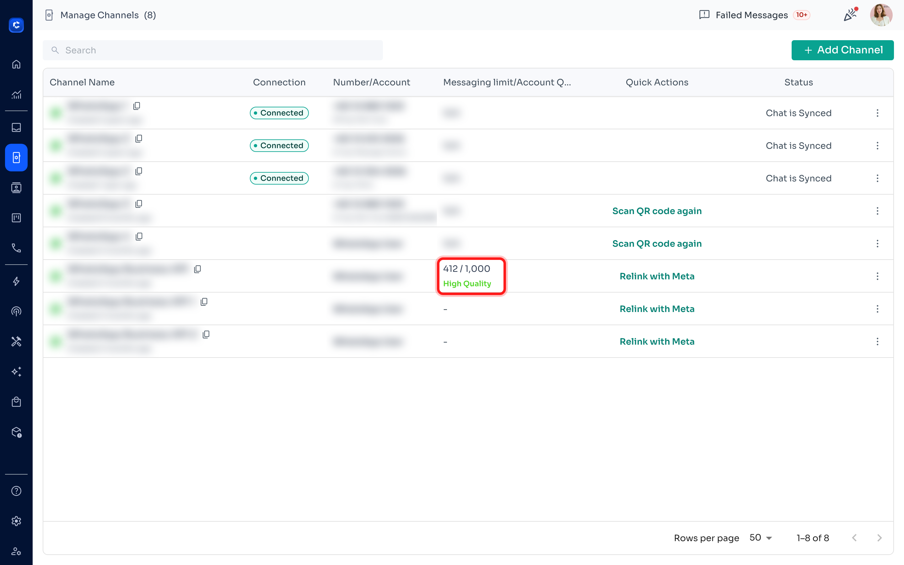 Click the messaging-limit / quality cell on your WABA channel row.