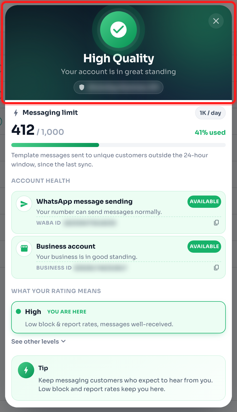 The Account Quality view opens with your current quality rating at the top.