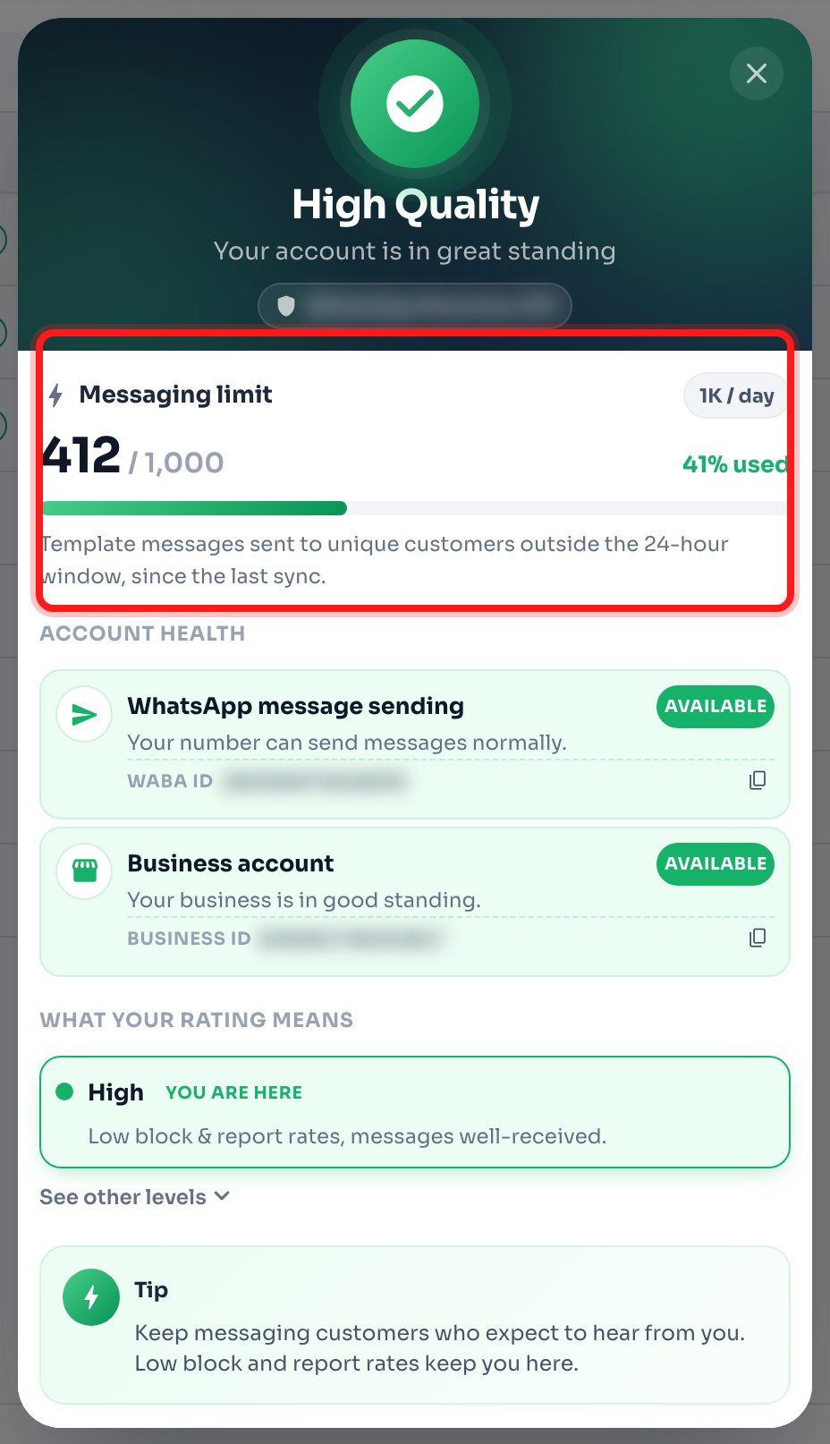 The Messaging limit section shows your tier, usage and percentage used.
