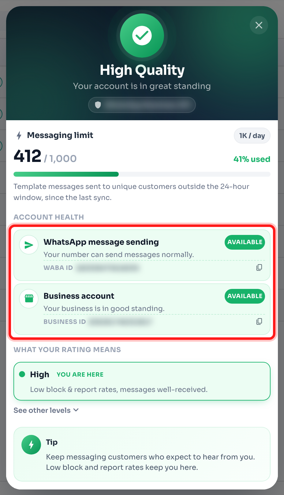 The Account Health section shows the sending status of your number and business account.