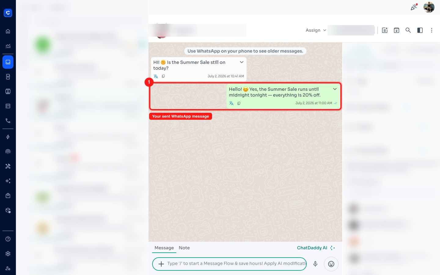 Your sent WhatsApp message (green bubble, on the right).