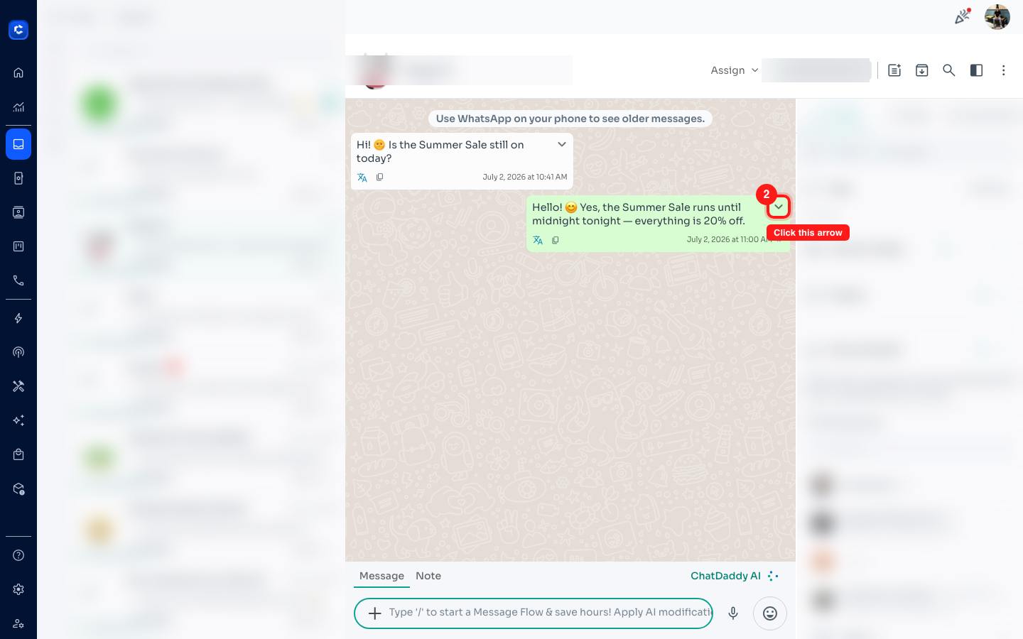 Hover the message, then click the dropdown arrow in the corner of the bubble.