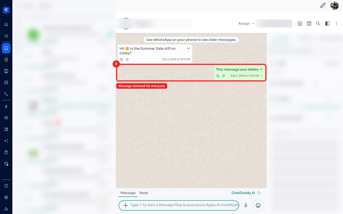 After deleting, the bubble shows “This message was deleted”.