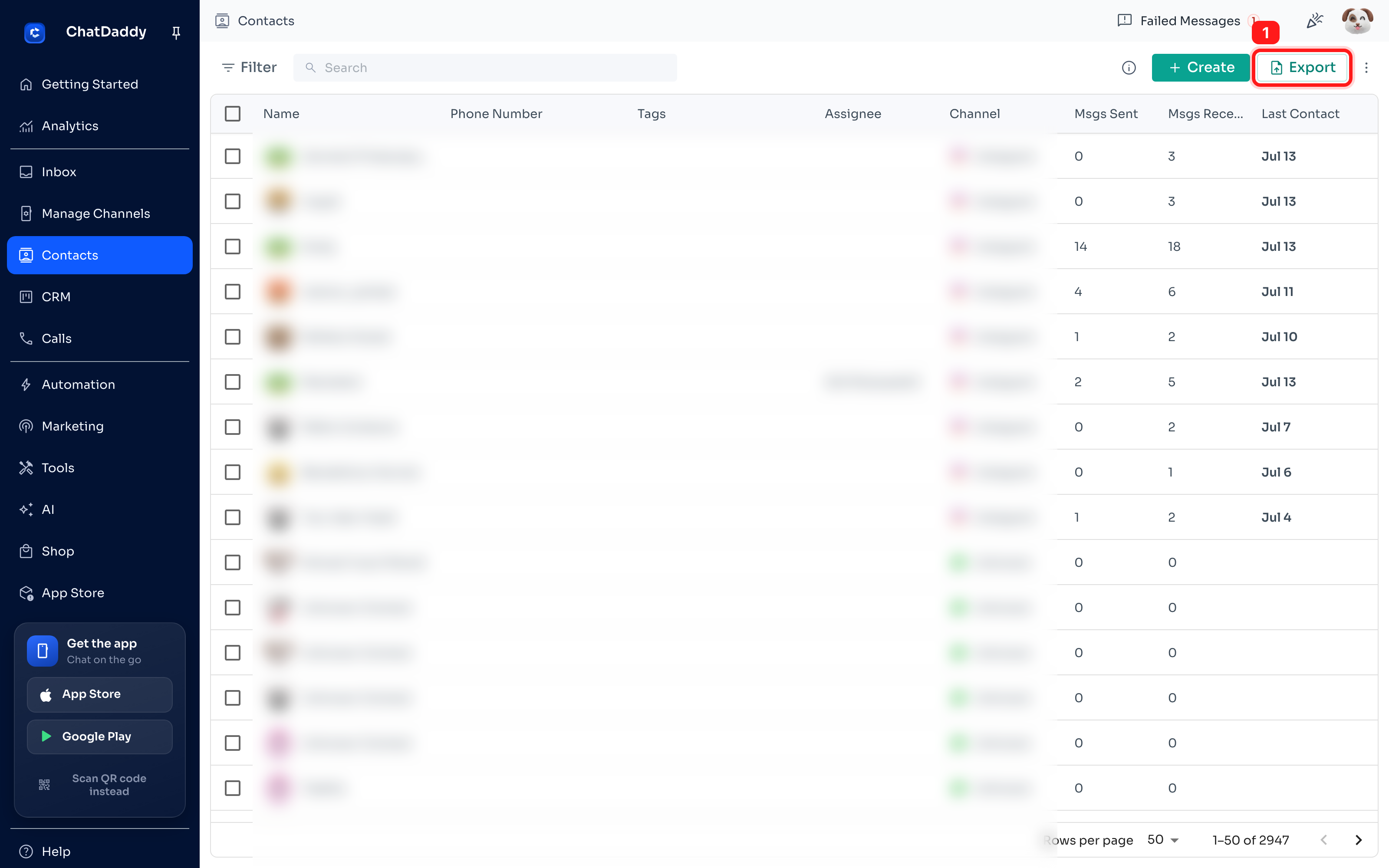 Contacts page — the Export button in the top-right of the contacts table.