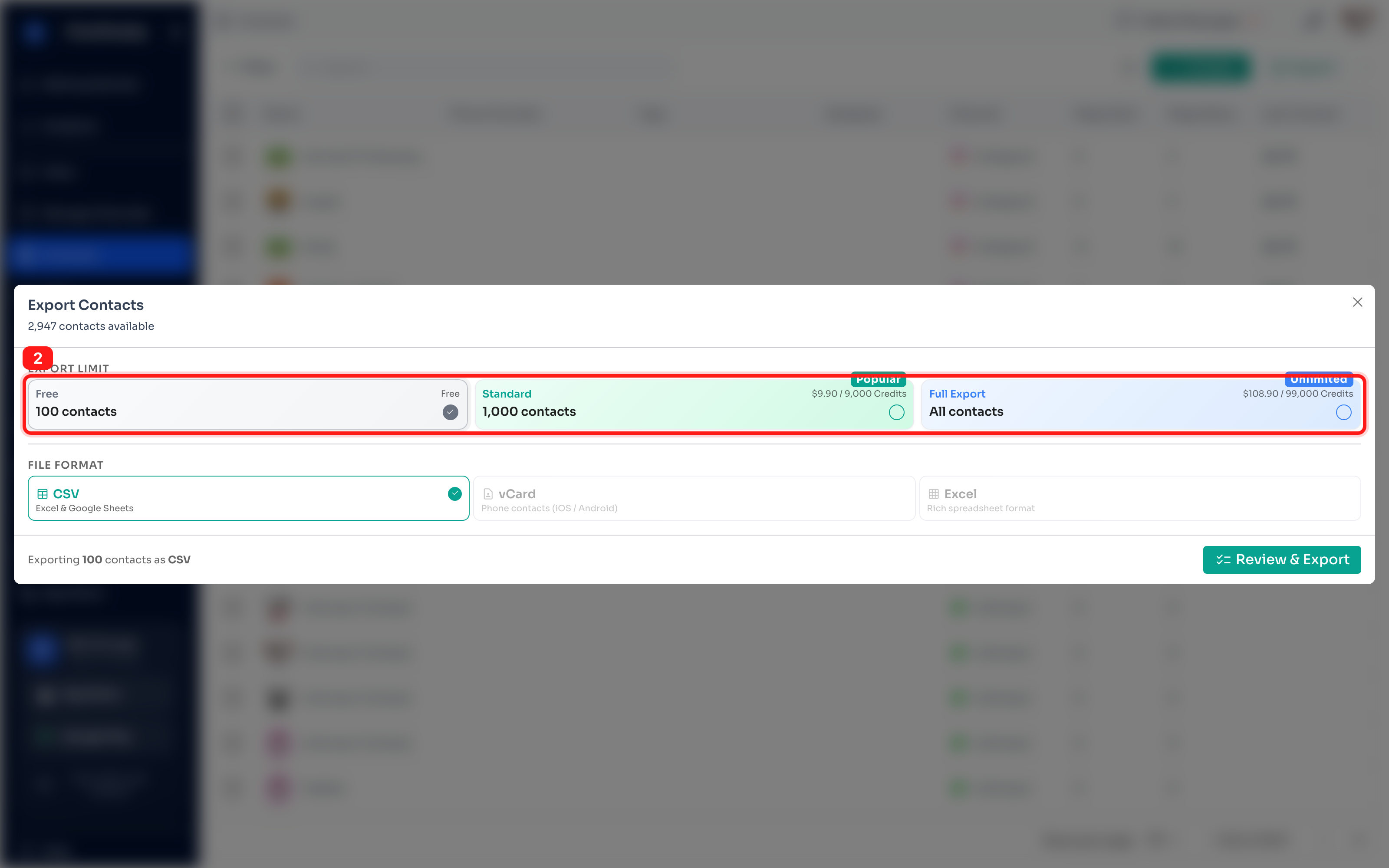 Export Contacts window — choosing the export limit.