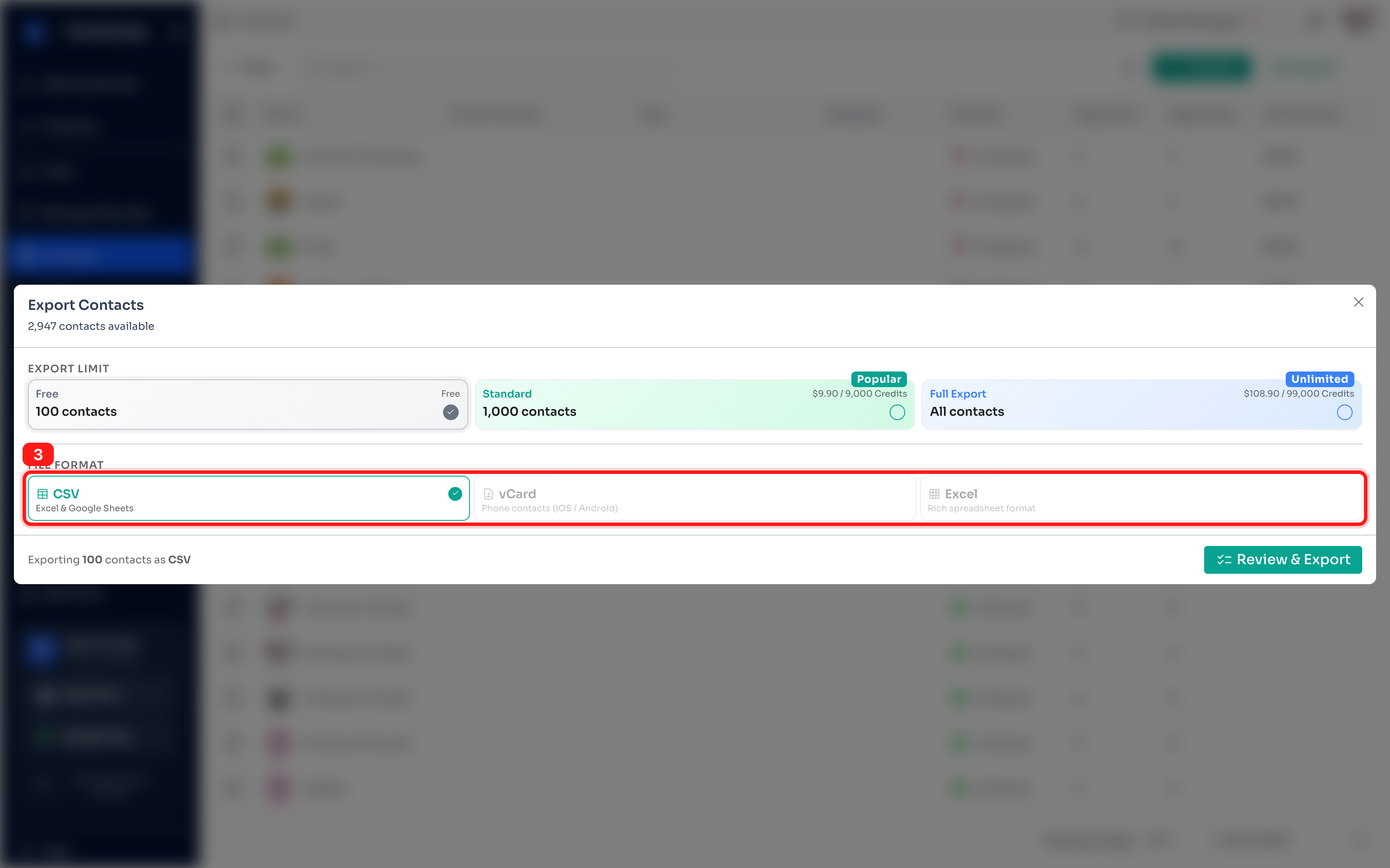 Export Contacts window — choosing the file format.
