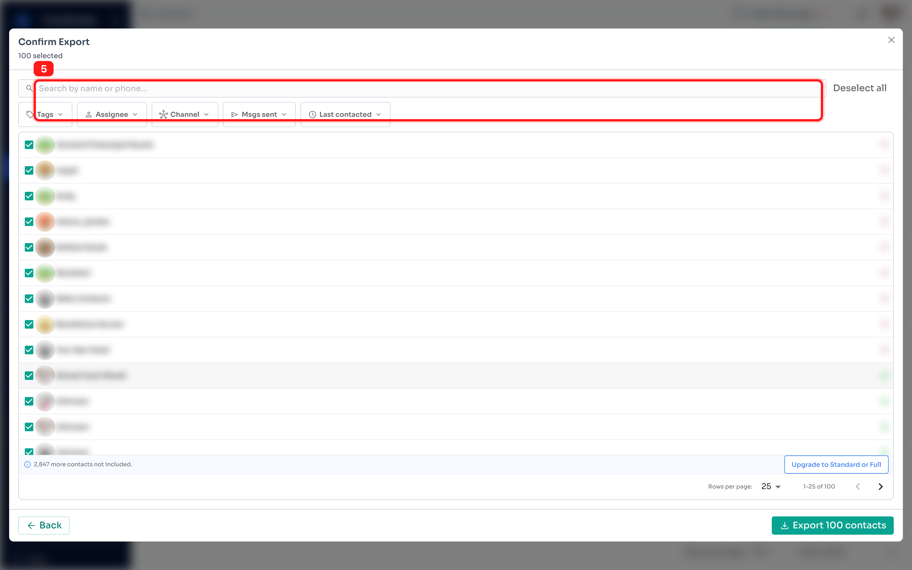 Confirm Export — search and filters to refine your selection.