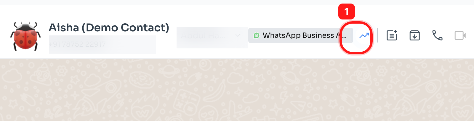 Step 1: Click the glowing trending-up icon in the WhatsApp Business chat header.