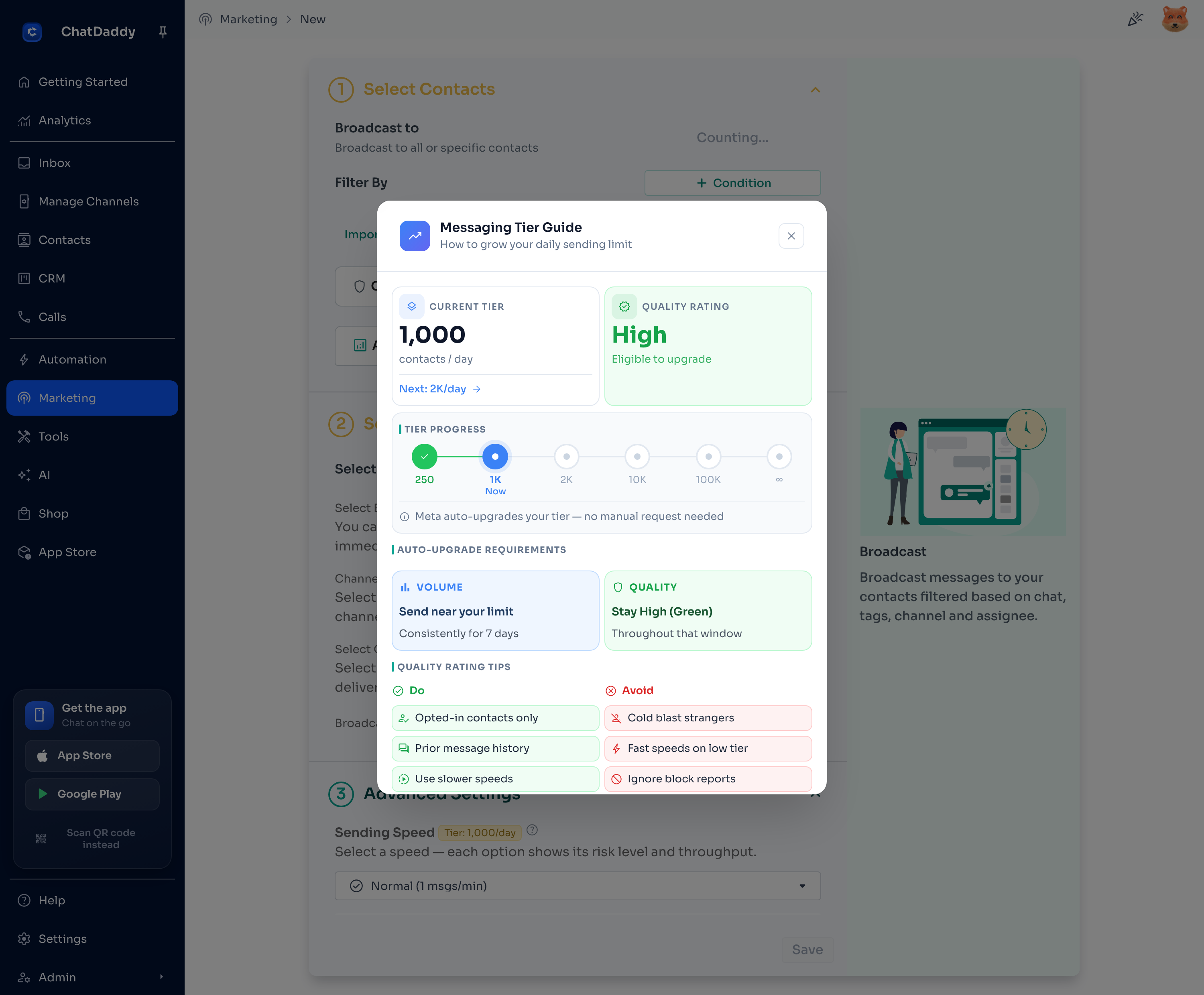 Step 6: The Messaging Tier Guide — tier ladder, auto-upgrade requirements and quality best practices.