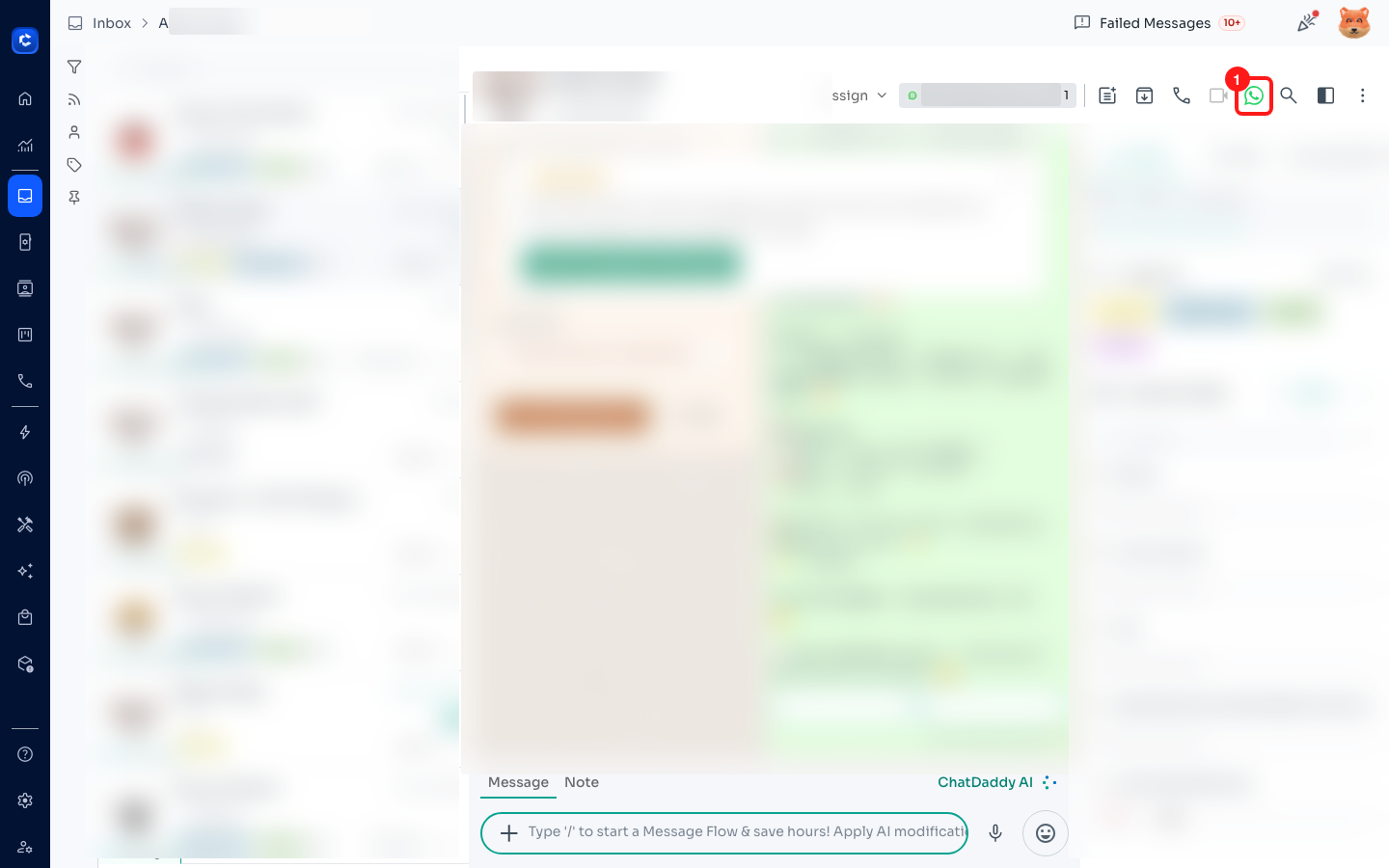 The green WhatsApp Call button in the chat header (shown only on WhatsApp Business API chats).