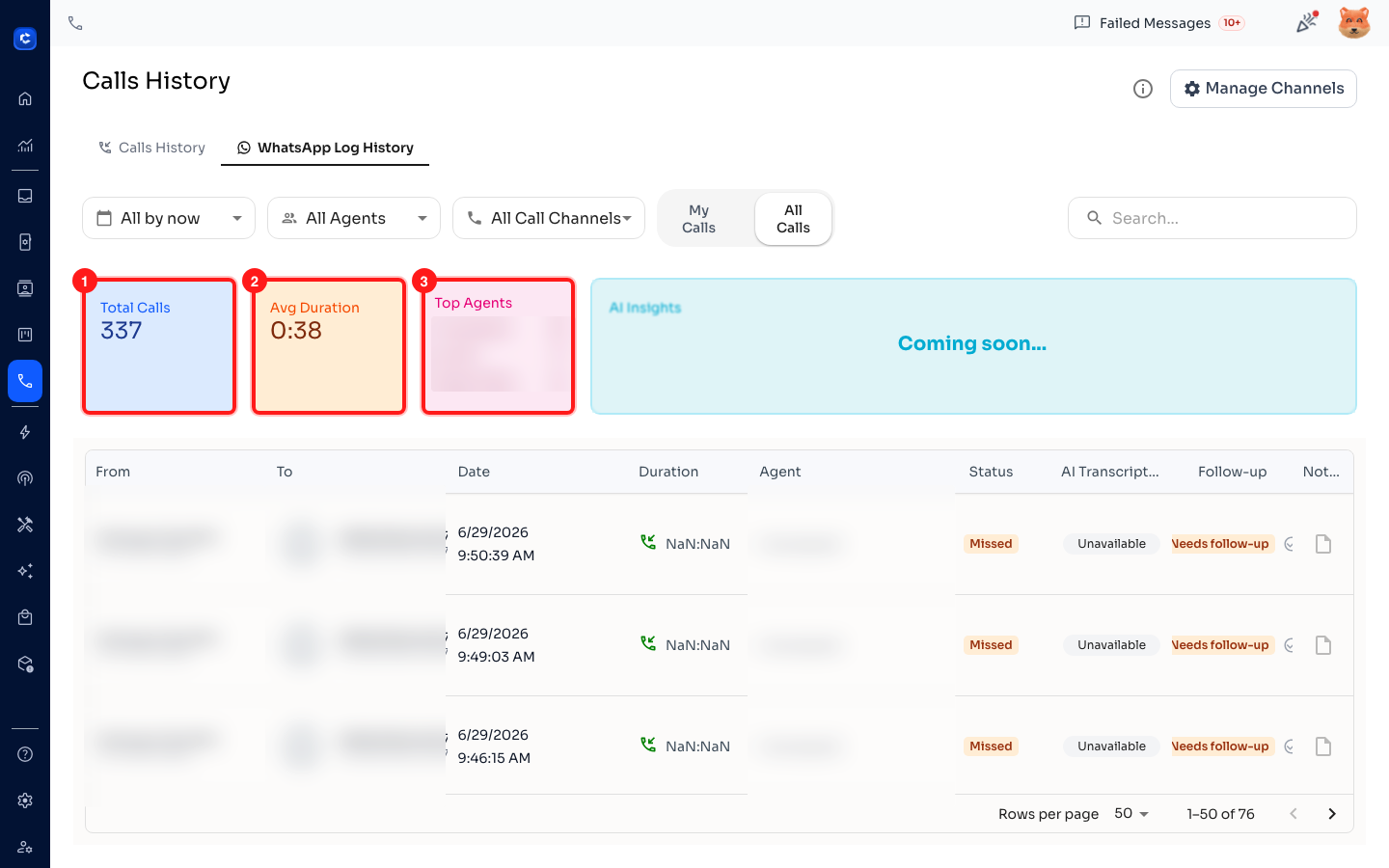 Summary cards: Total Calls, Avg Duration, Top Agents and (soon) AI Insights.