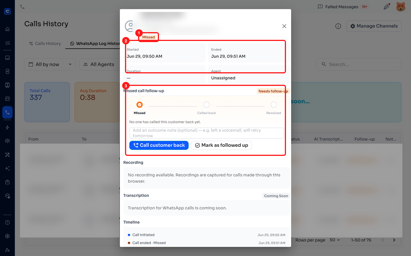 The call details panel shows the status, timing, agent, and — for missed calls — a follow-up tracker.