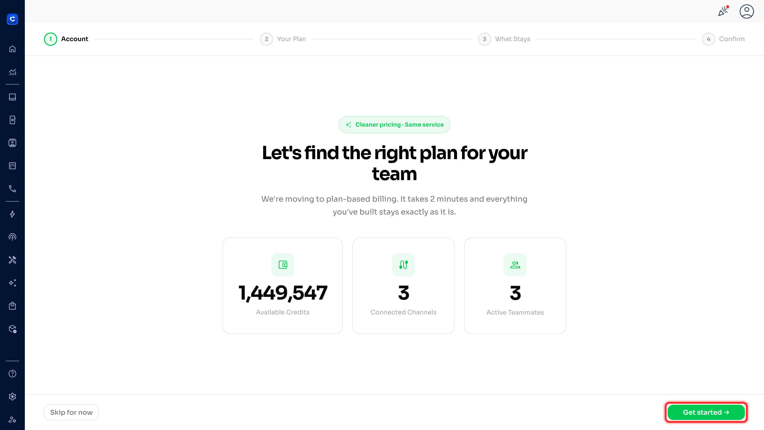 Step 1 — the Account overview. Click "Get started" to begin the migration.