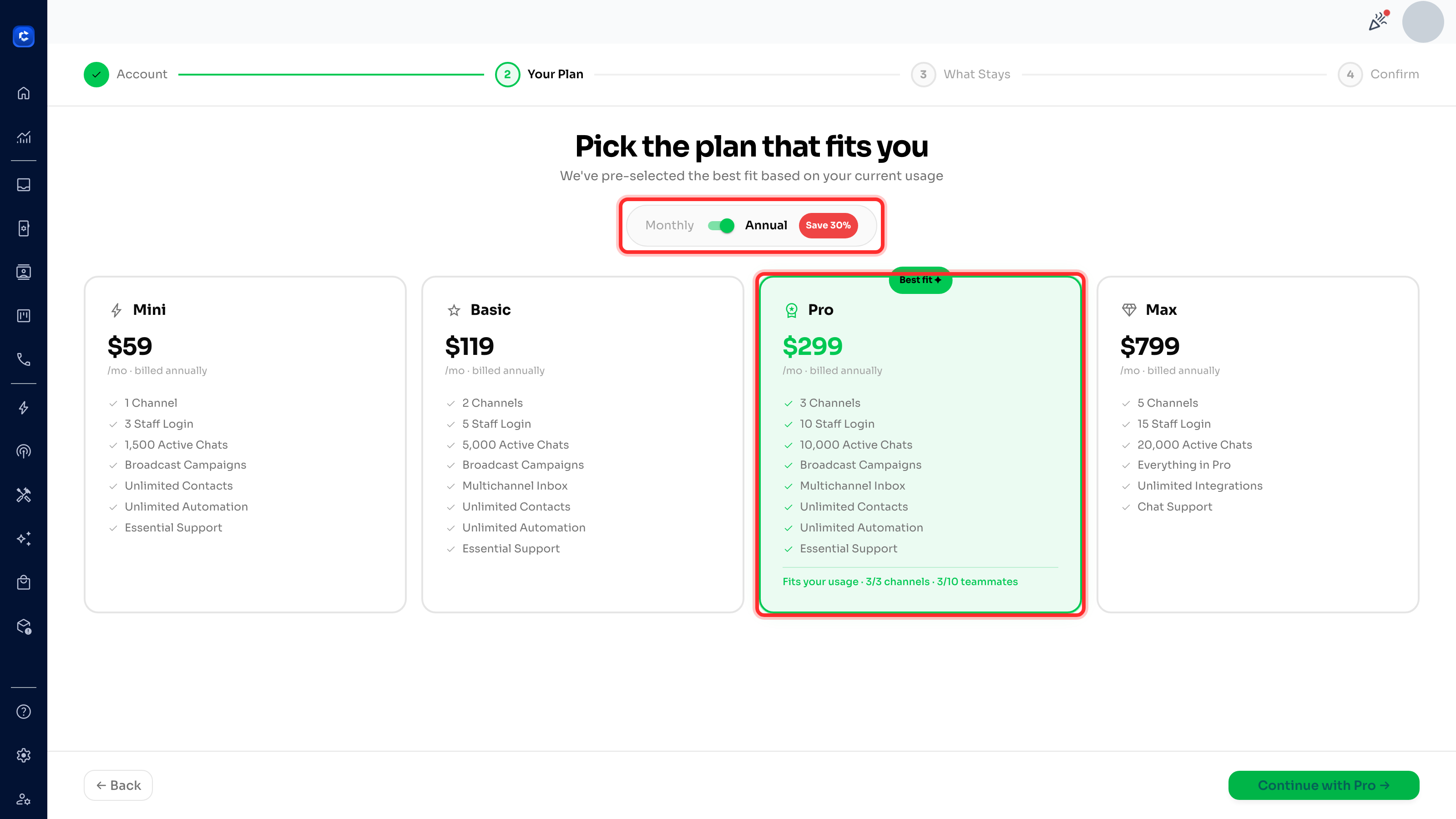 Step 2 — Pick your plan. The Monthly/Annual toggle and the pre-selected "Best fit" plan are highlighted.