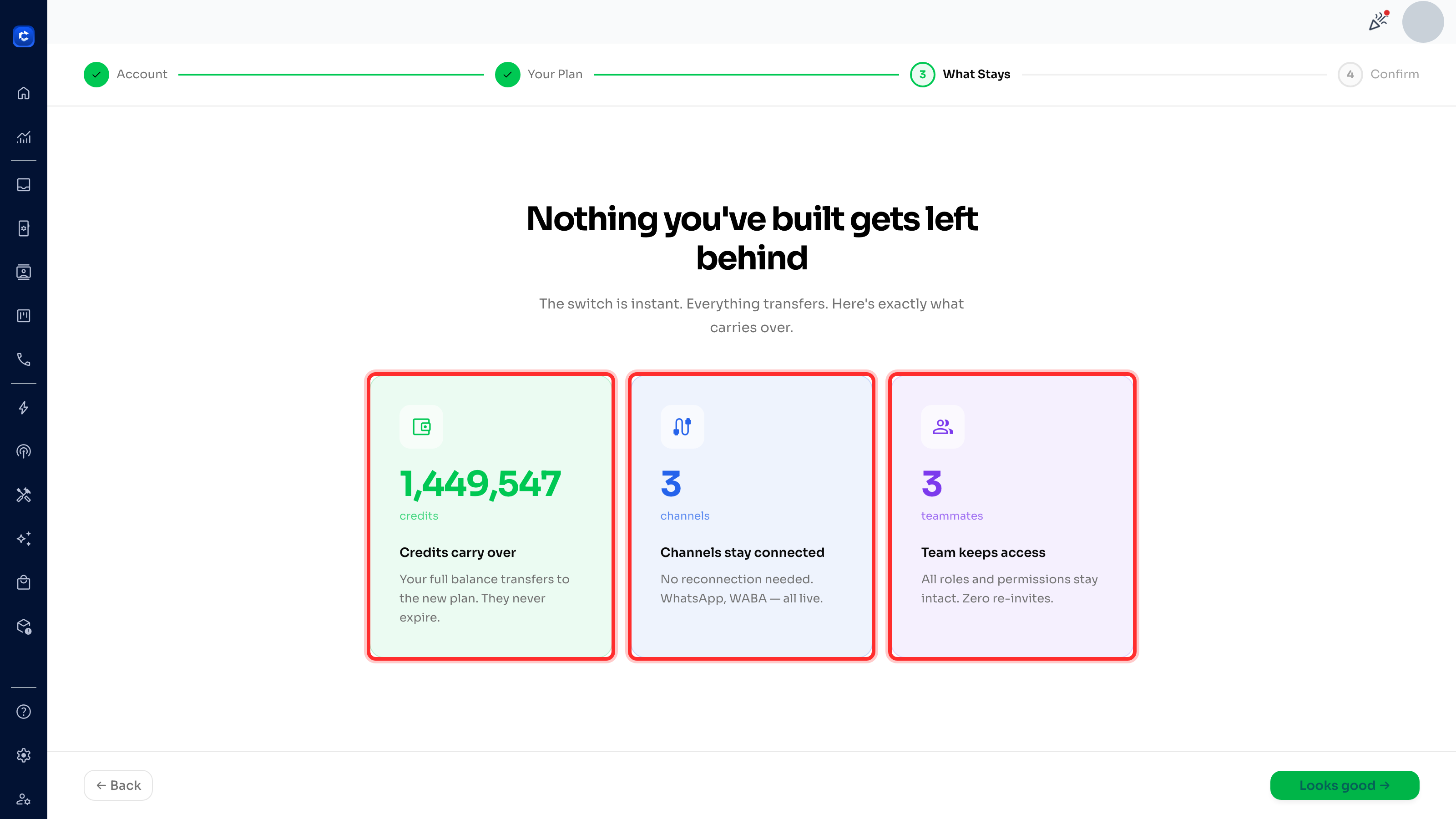 Step 3 — What Stays. Credits, channels and team access all carry over automatically.