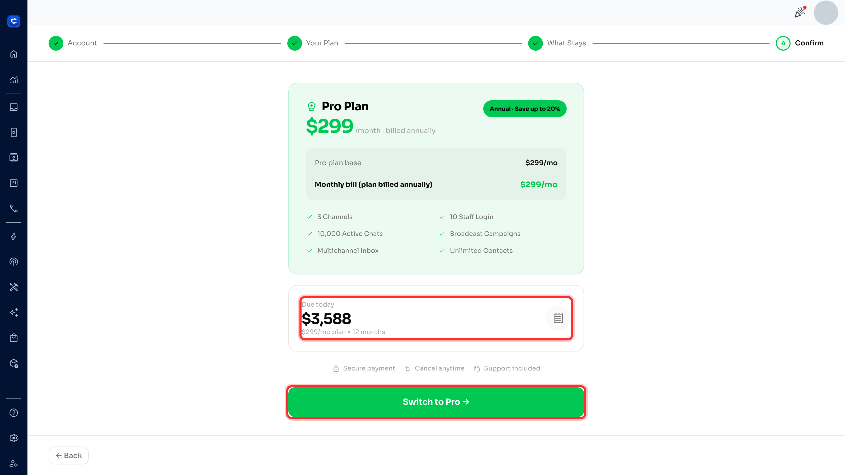 Step 4 — Confirm. Review the "Due today" total, then click "Switch to Pro" to finish.