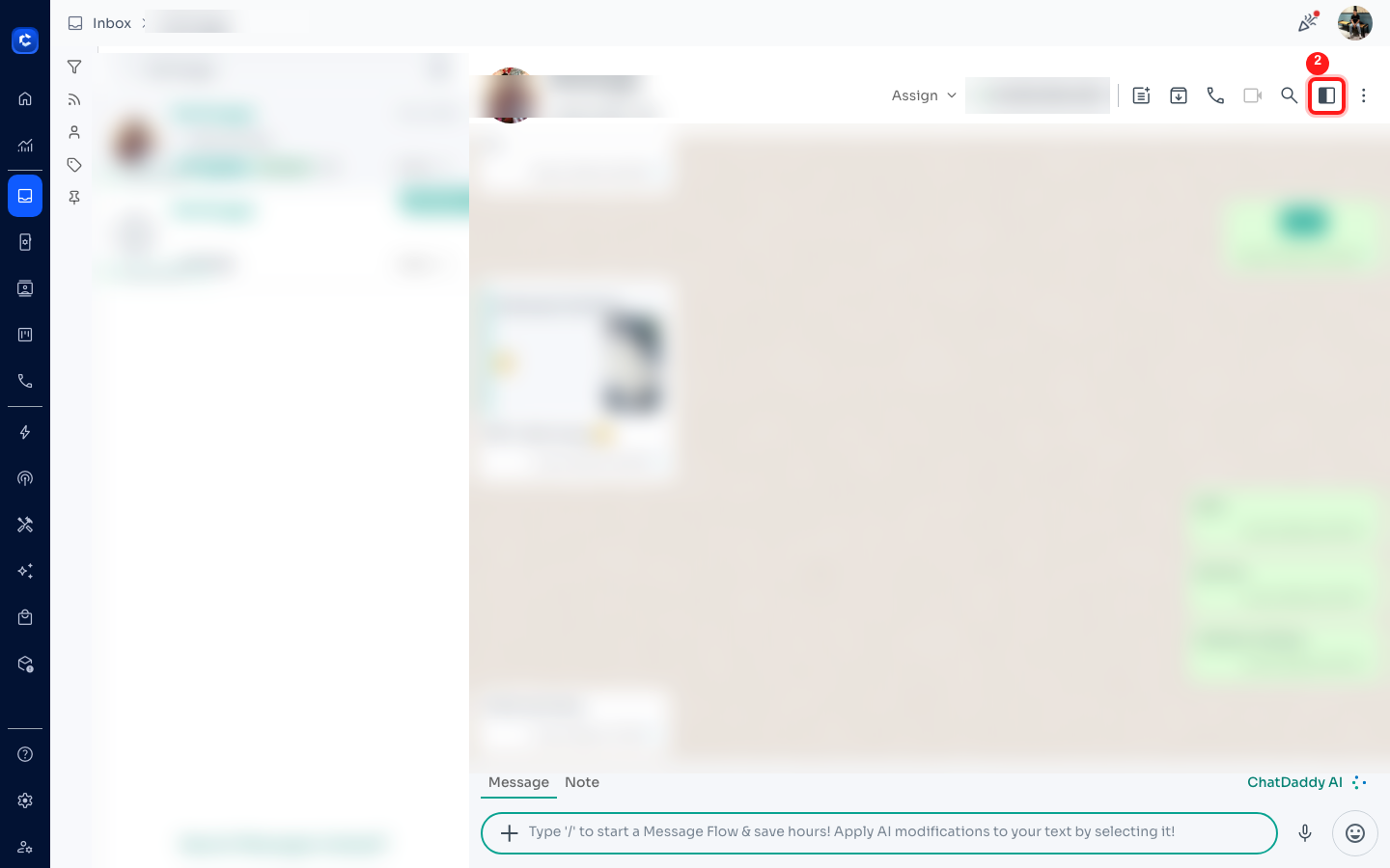Step 2: Click the panel icon in the chat header to open the contact Profile.