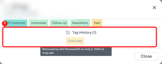 Step 5: The All Tags view — current tags on top, and the Tag History of removed tags below.