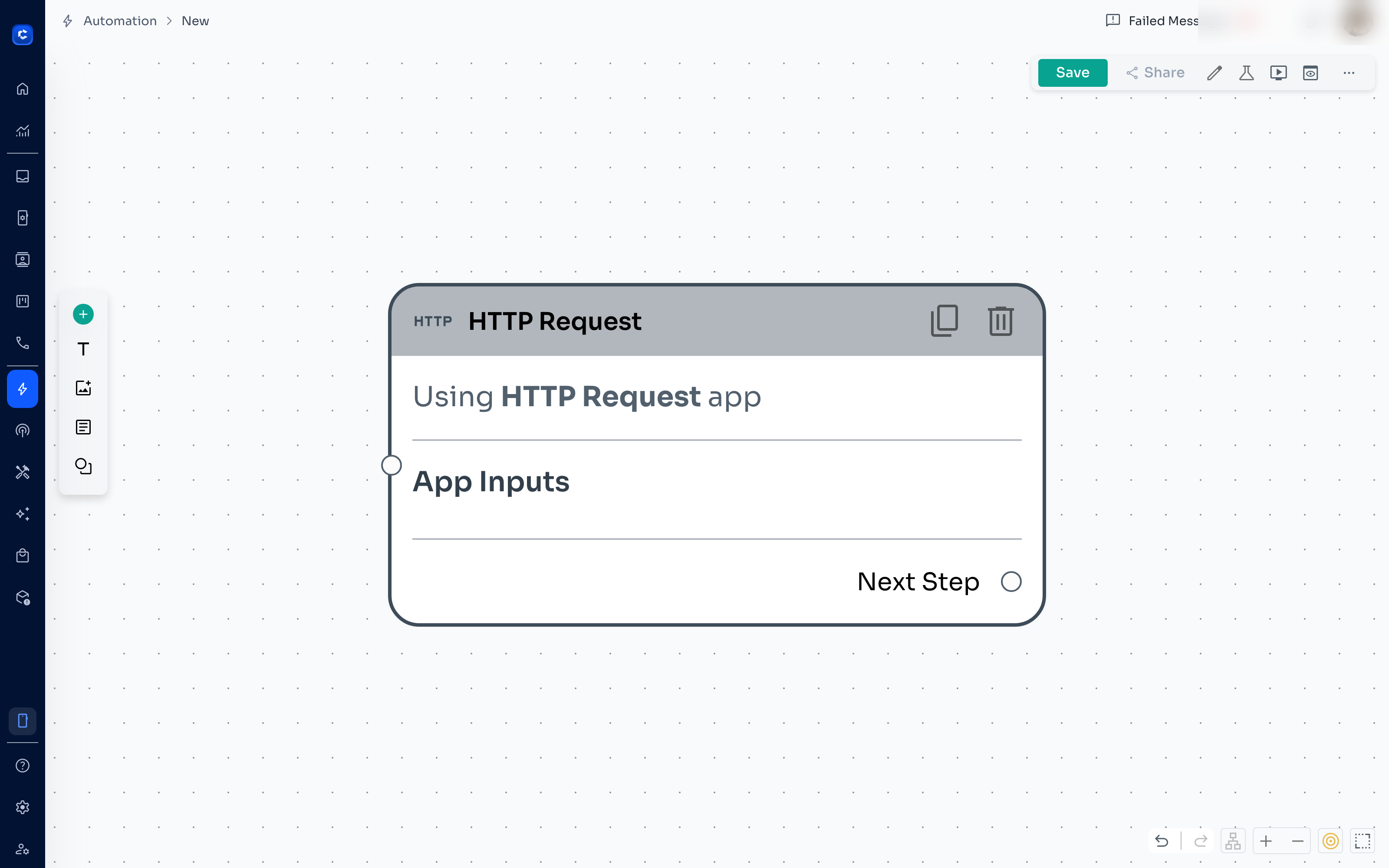 The HTTP Request app added to the canvas. Every App node has an App Inputs section and a Next Step connector.