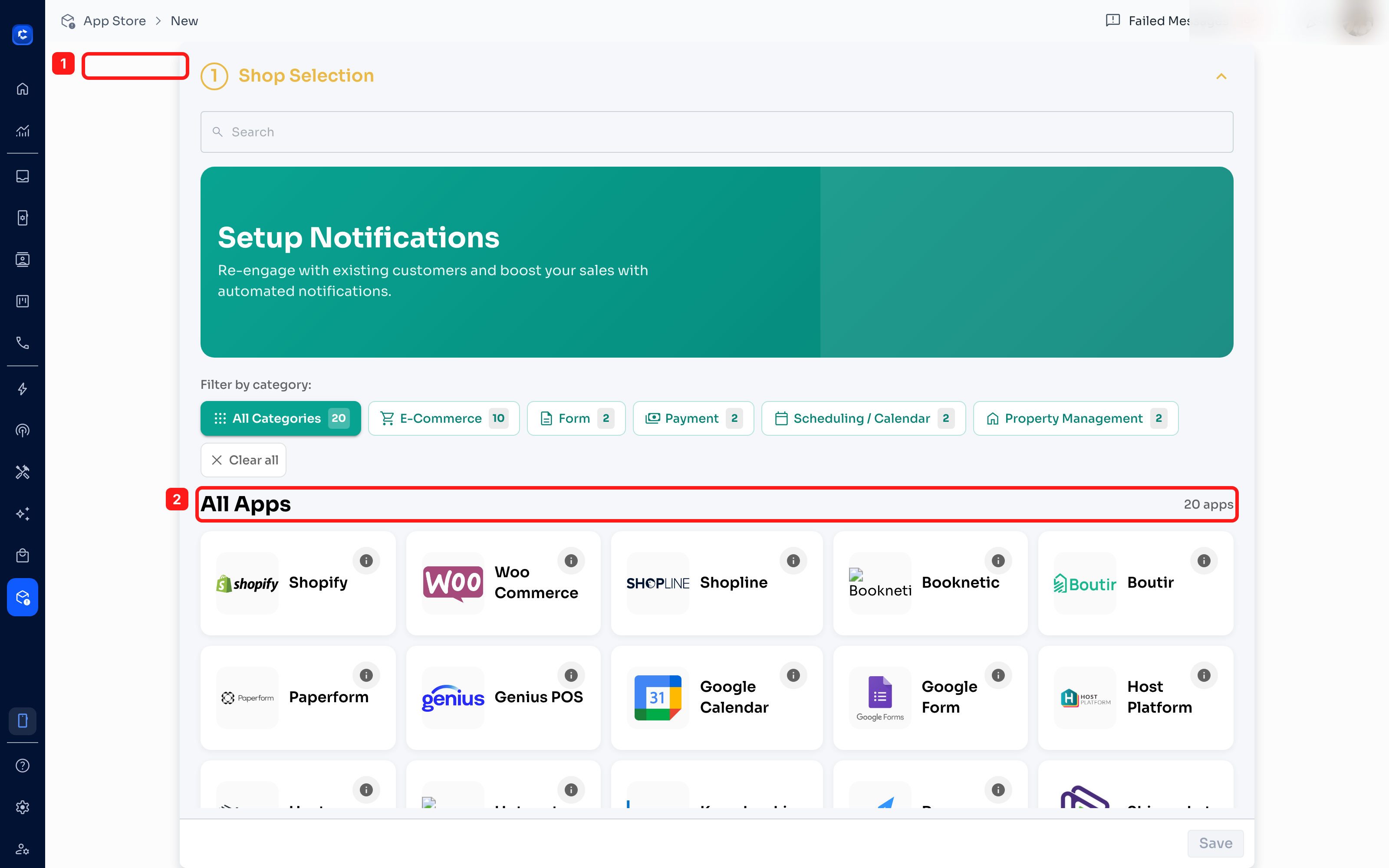1 — search for an app by name. 2 — the full list of supported apps.