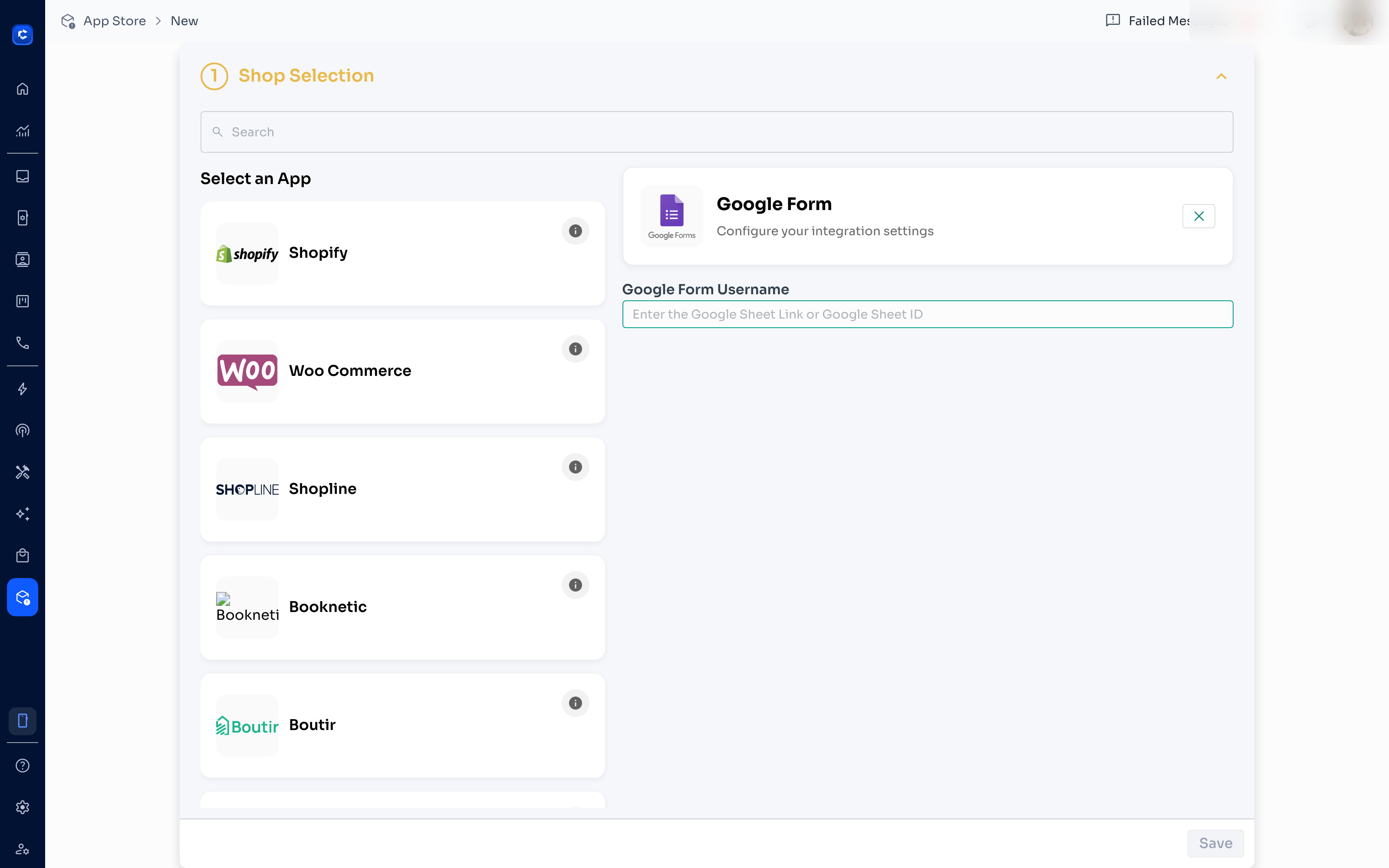 Choosing an app opens its own configuration panel. The fields shown depend on the app you picked.