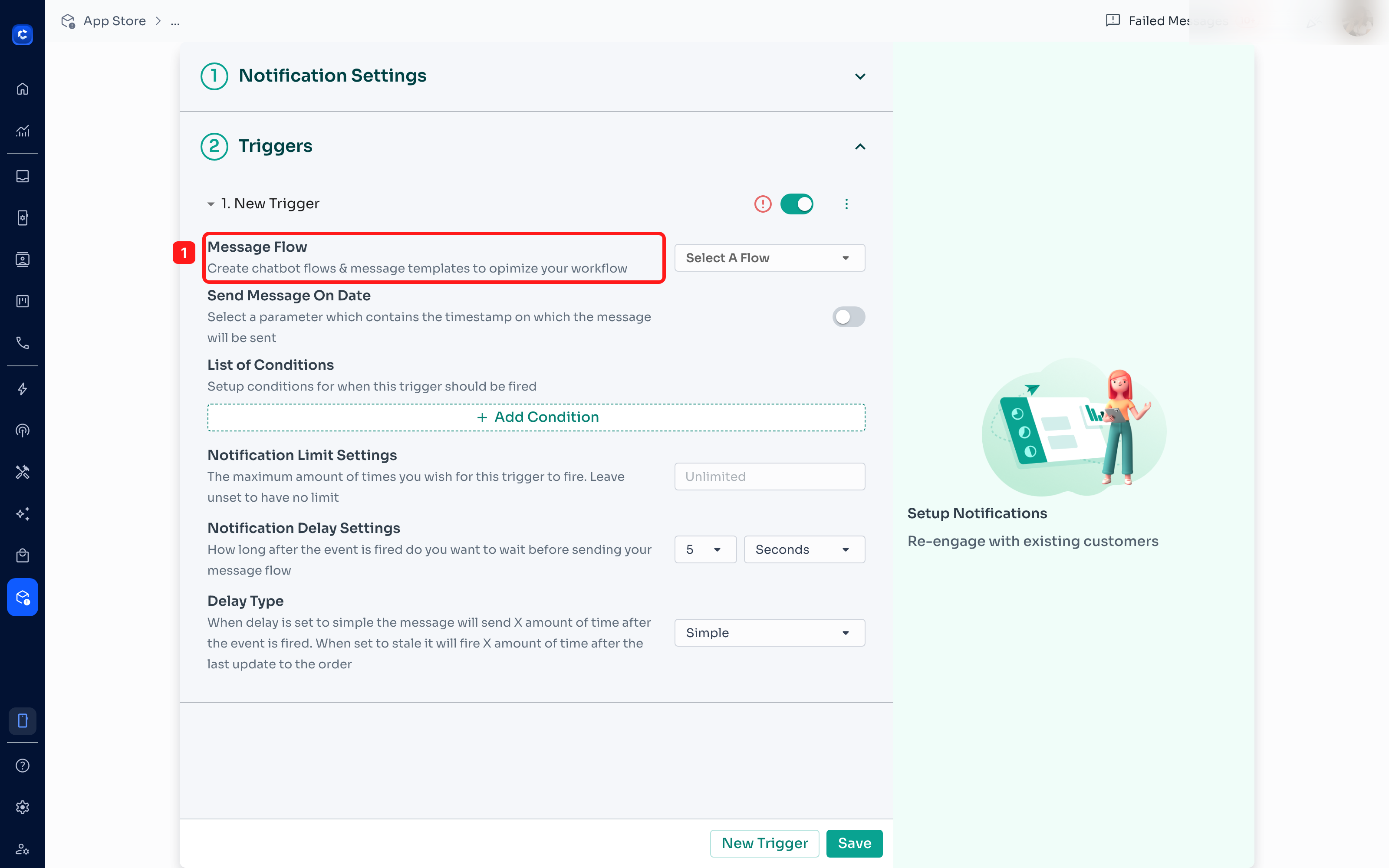 1 — the Message Flow field. Select A Flow chooses which automation runs when this app fires.