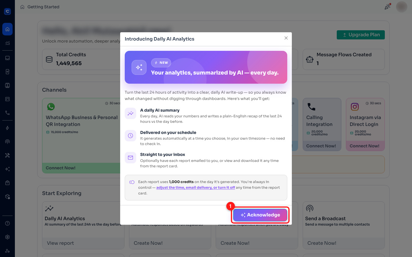 The one-time welcome popup — click “Acknowledge” to start.