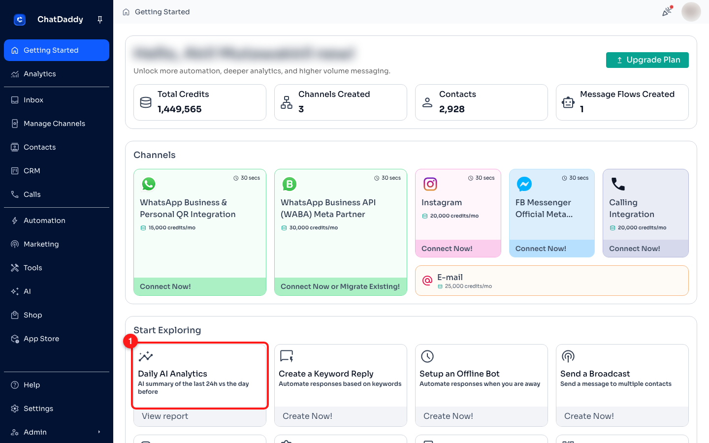 Getting Started → Start Exploring → the Daily AI Analytics card (click “View report”).