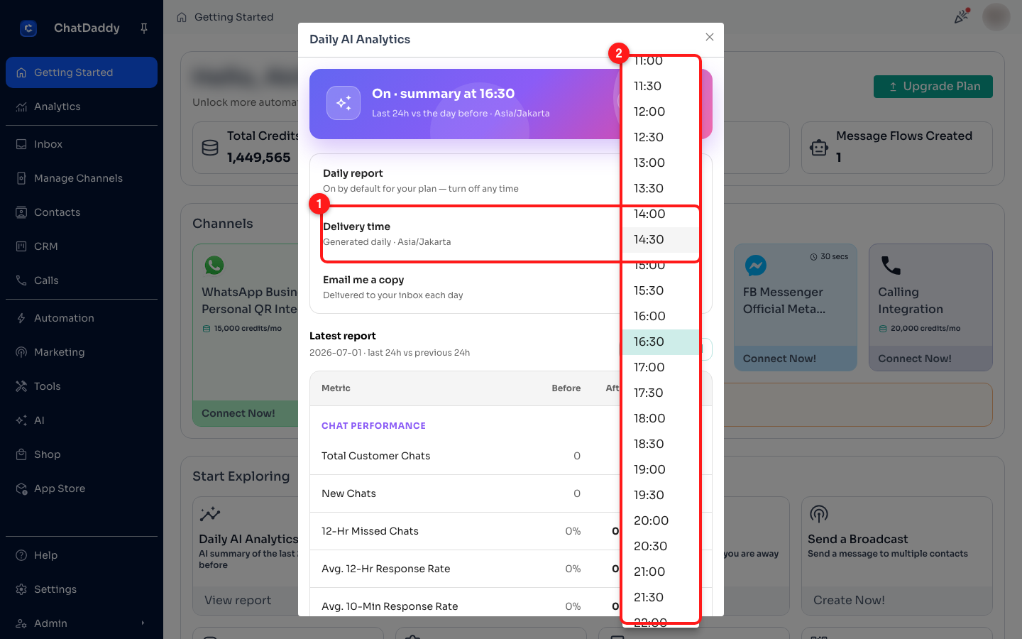 The Delivery time row (1) and the time picker (2).