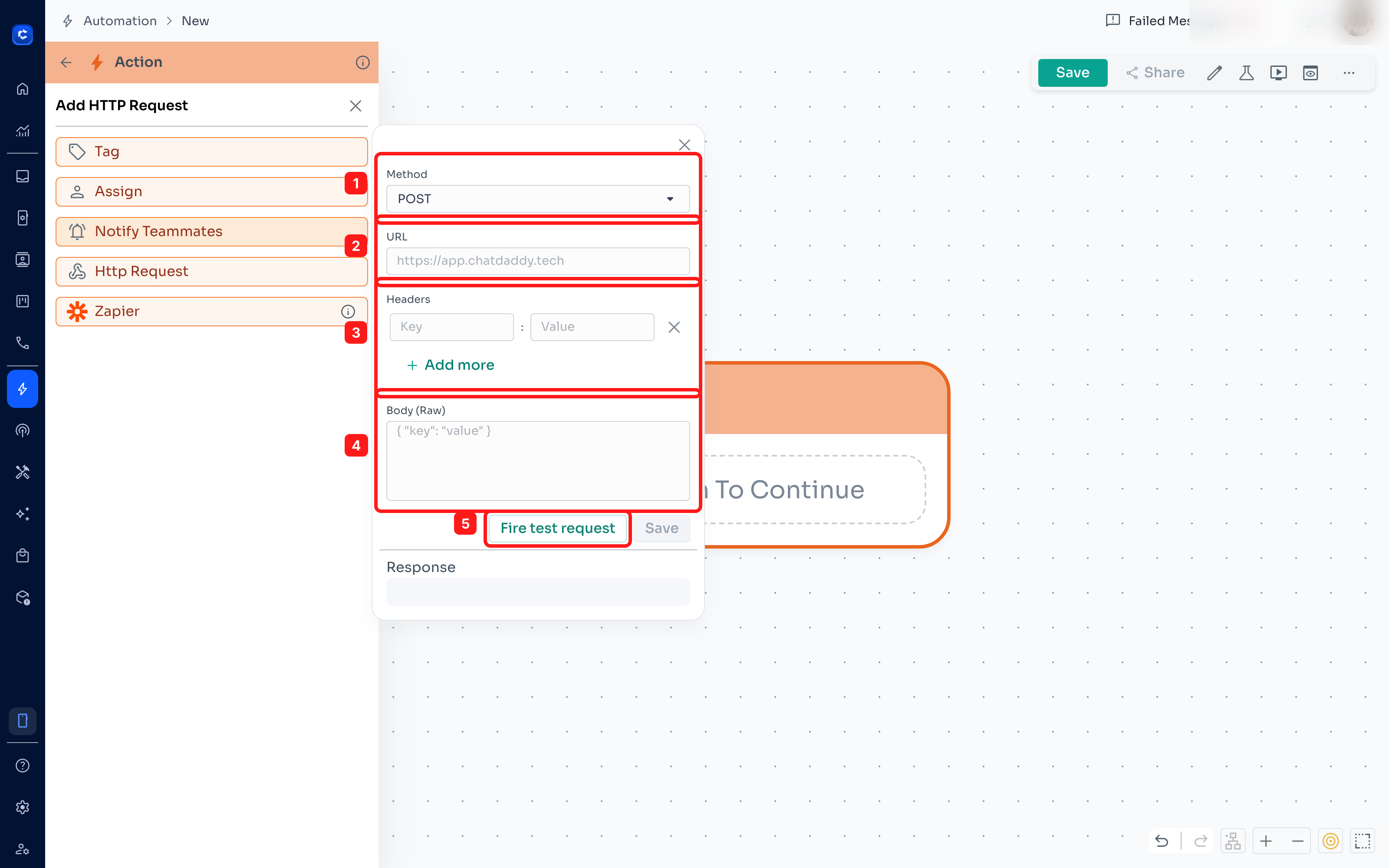 1 Method · 2 URL · 3 Headers · 4 Body · 5 Fire test request.
