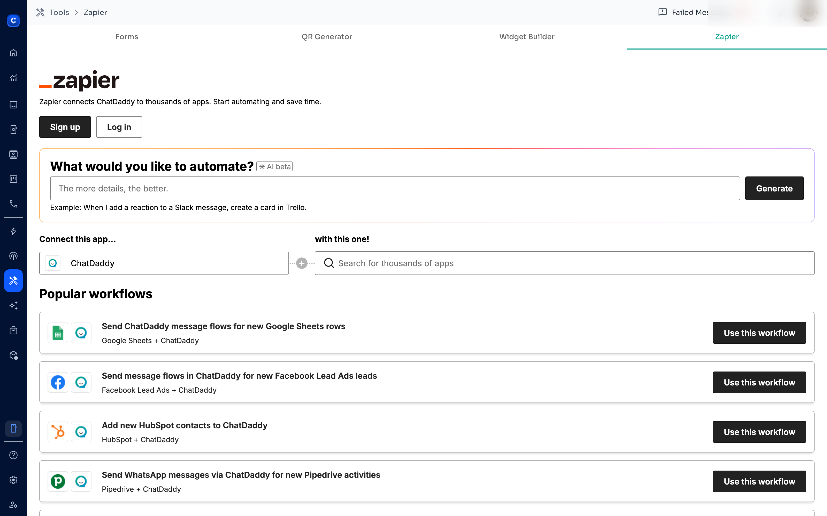 The Tools → Zapier page: search any app on the right, or start from one of the ready-made workflows below.