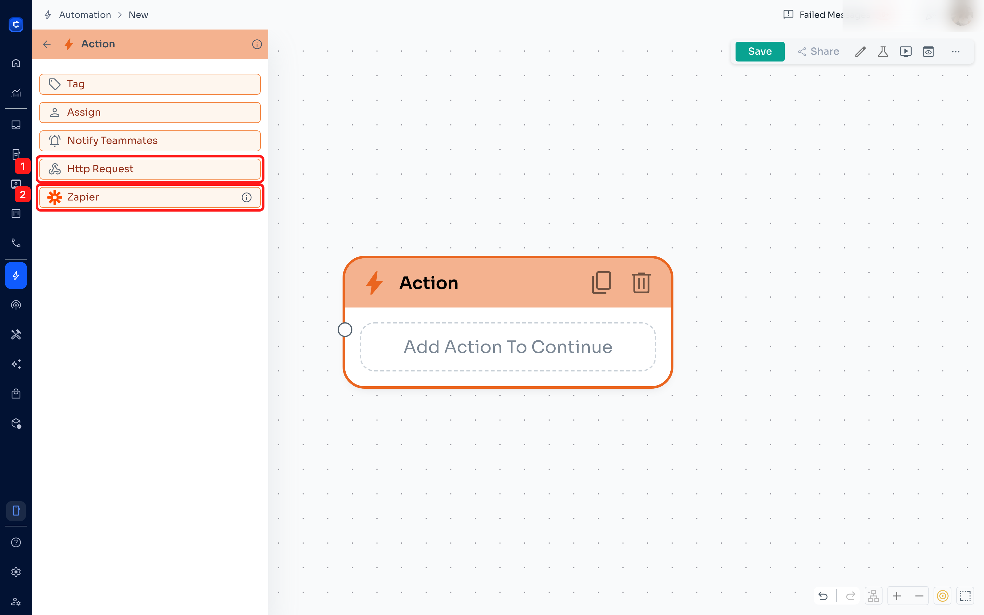 2 — the Zapier button inside an Action node.