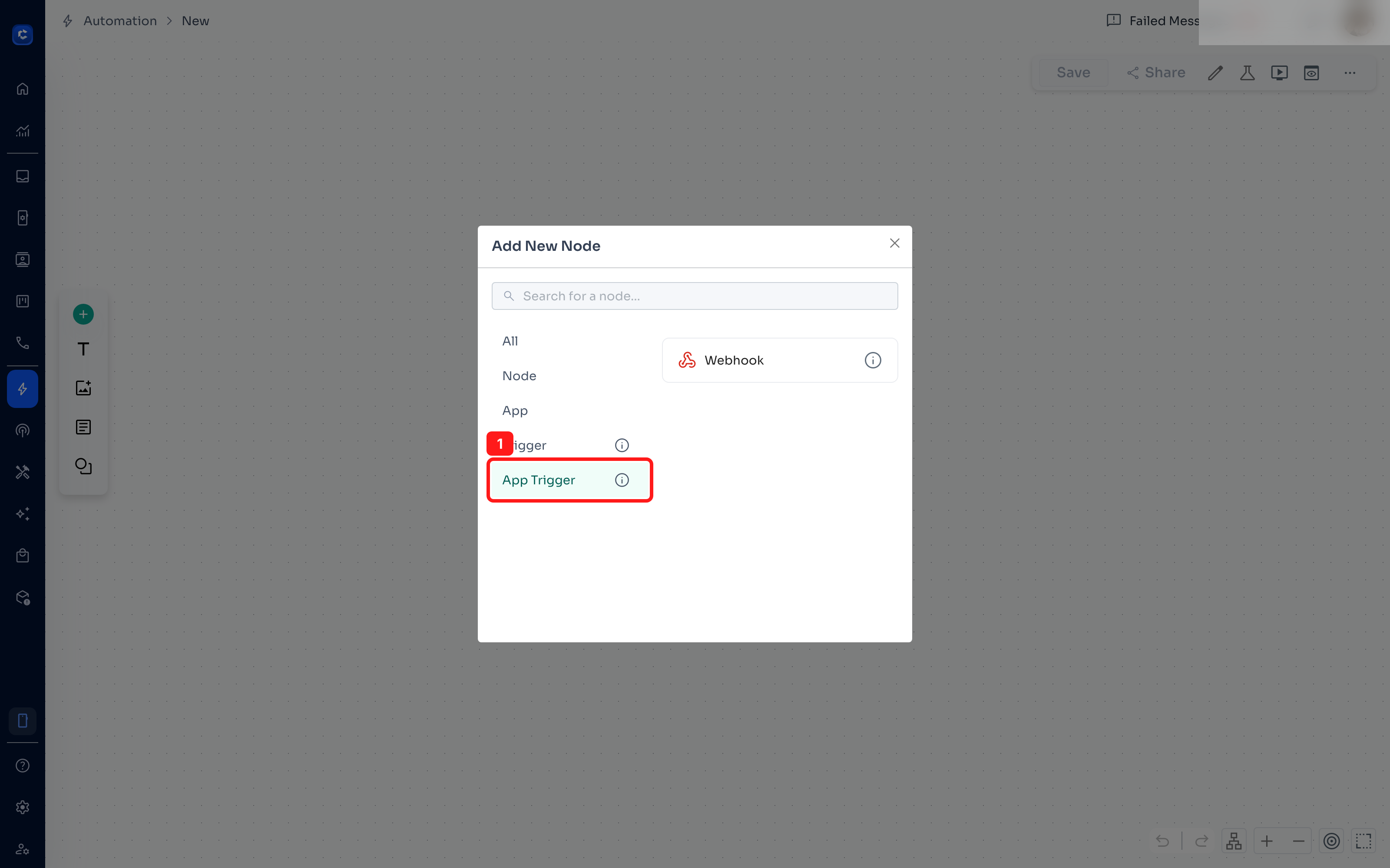 The App Trigger tab contains only Webhook. Searching it for an app name will always come back empty.