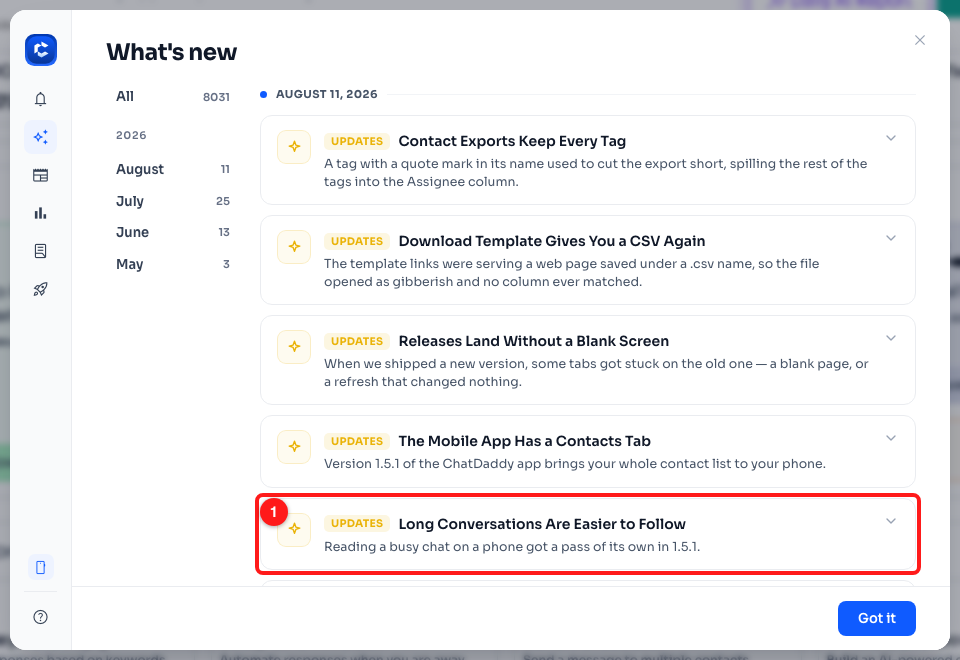 Step 1 — the 1.5.1 release note in the dashboard's What's New window (1).