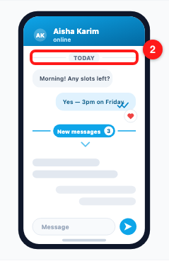 Step 2 — a date separator (2) marks where one day's messages end and the next begin.