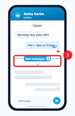 Step 3 — the “New messages” marker with its unread count, and the chevron that jumps you to it (3).